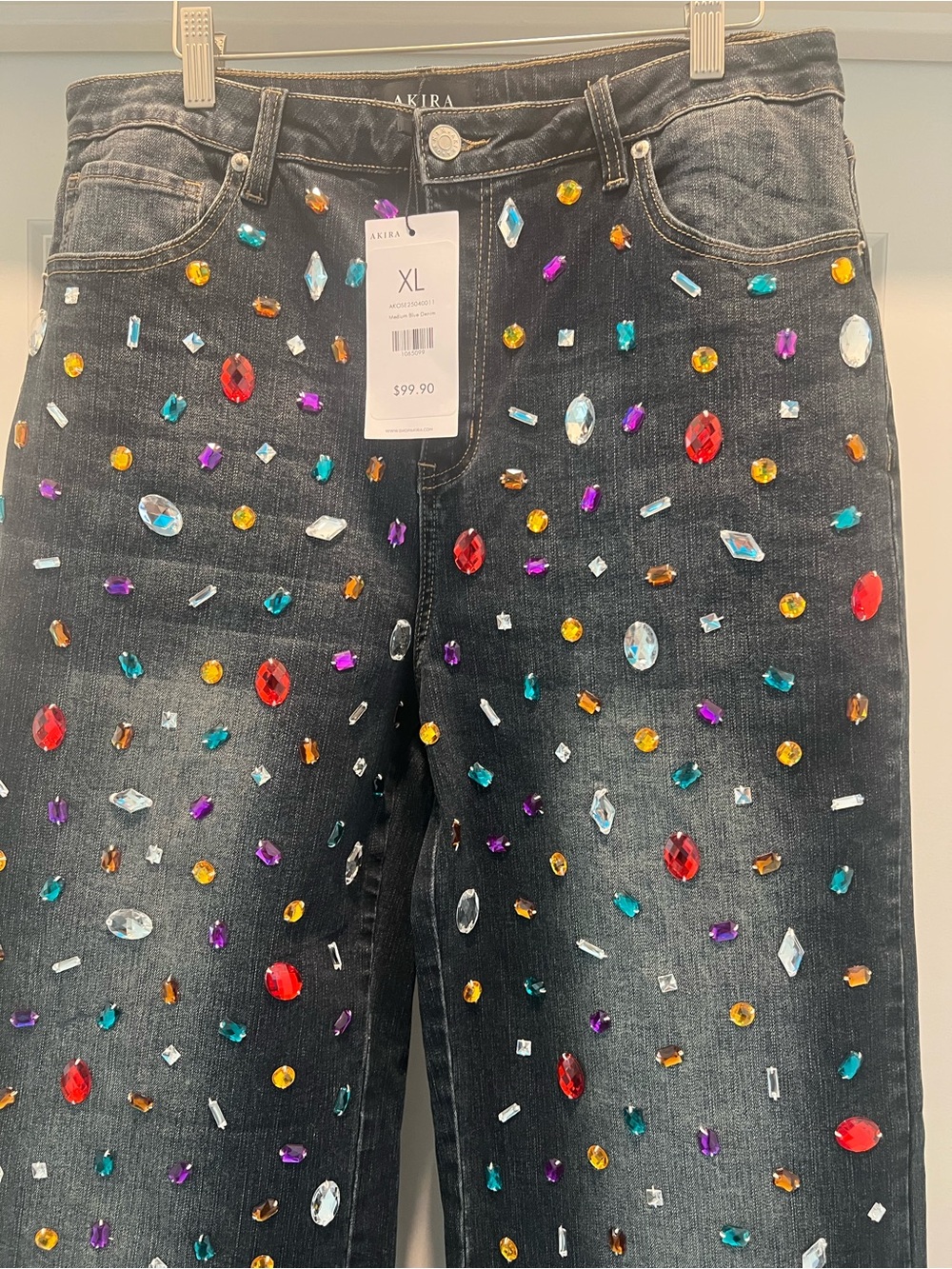 Beautiful NEW AKIRA Ash Black Straight-Leg Jeans, Multicolor Gem Embellishments
